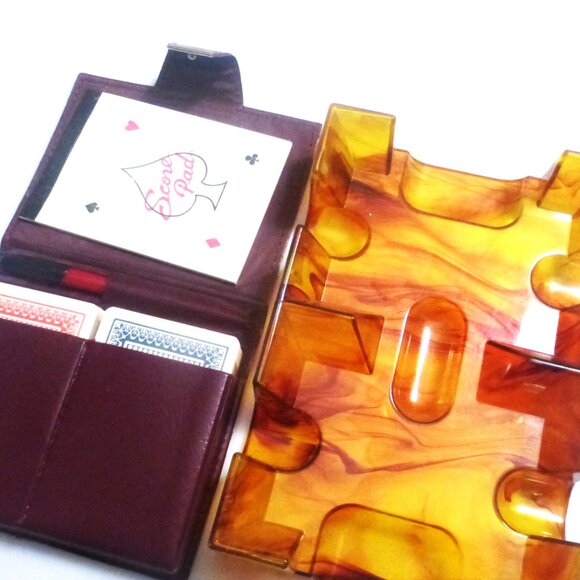 Vintage CARDS Card Deck Card Holder Card Tray Leather Case Silk Bag Bridge - Picture 3 of 11